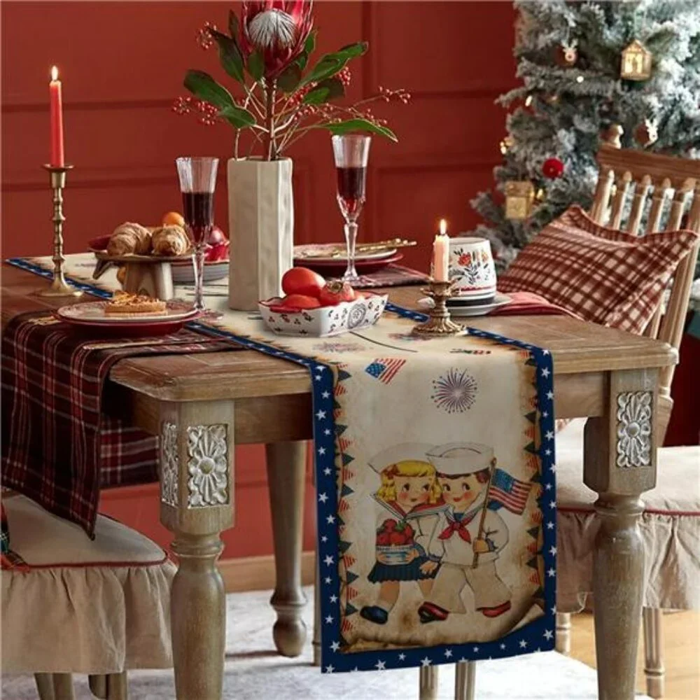 Vintage 4th of July Table Runner Linen Independence Day Party Table Decor 13x72